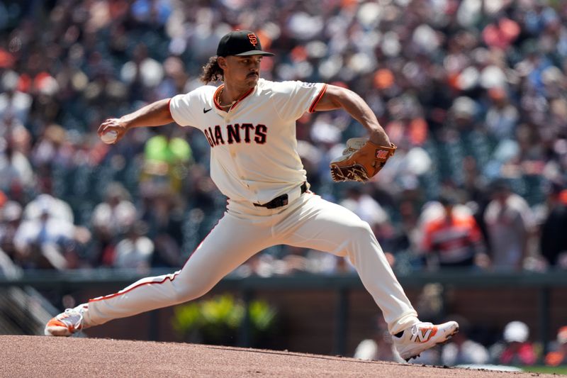 May 3, 2025; San Francisco, California, USA; San Francisco Giants starting pitcher Jordan Hicks (12) throws a pitch against the Colorado Rockies during the first inning at Oracle Park. Mandatory Credit: Darren Yamashita-Imagn Images
