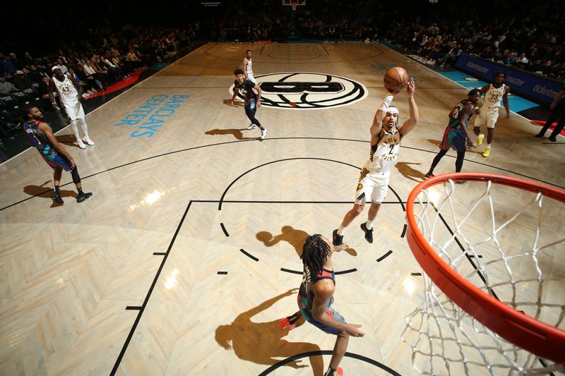 BROOKLYN, NY - APRIL 3: Andrew Nembhard #2 of the Indiana Pacers shoots the ball during the game against the Brooklyn Nets on April 3, 2024 at Barclays Center in Brooklyn, New York. NOTE TO USER: User expressly acknowledges and agrees that, by downloading and or using this Photograph, user is consenting to the terms and conditions of the Getty Images License Agreement. Mandatory Copyright Notice: Copyright 2024 NBAE (Photo by Nathaniel S. Butler/NBAE via Getty Images)