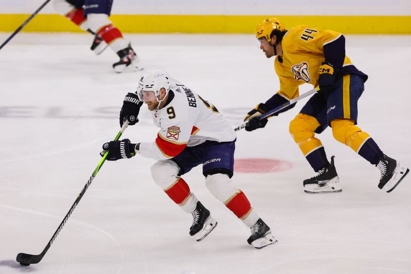 Mar 21, 2024; Sunrise, Florida, USA; Florida Panthers center Sam Bennett (9) moves the puck past Nashville Predators left wing Kiefer Sherwood (44) during the third period at Amerant Bank Arena. Mandatory Credit: Sam Navarro-USA TODAY Sports