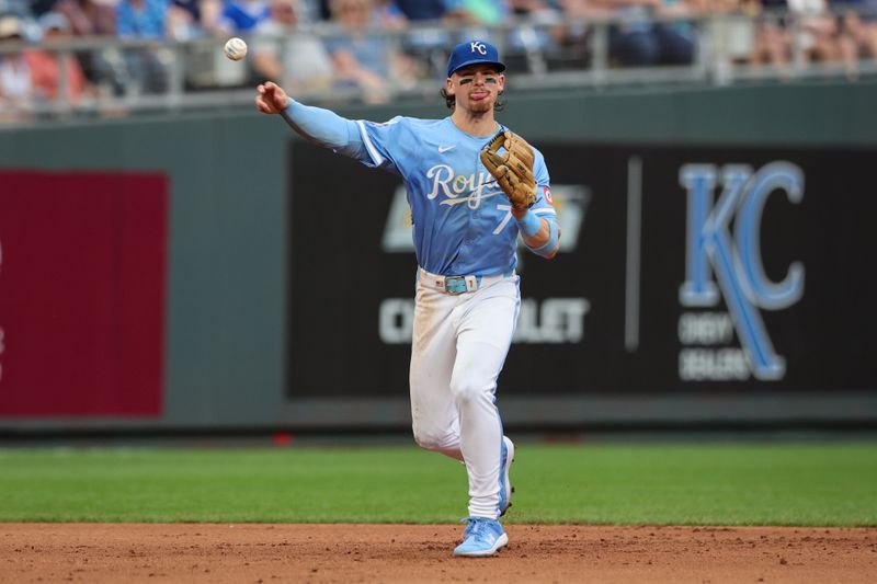 Jun 28, 2023; Kansas City, Missouri, USA; Kansas City Royals shortstop Bobby Witt Jr. (7) throws to first base during the fifth inning against the Cleveland Guardians at Kauffman Stadium. Mandatory Credit: William Purnell-USA TODAY Sports