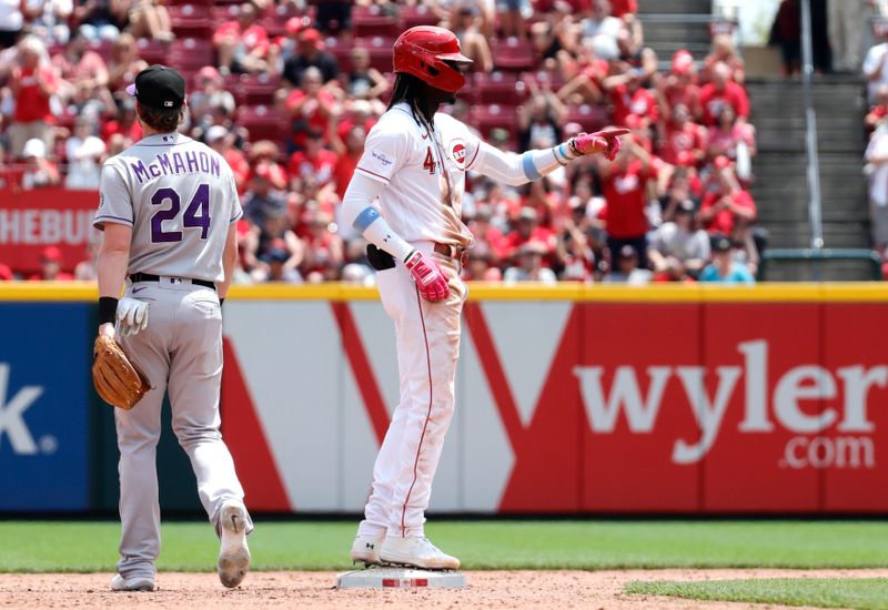 Jun 21, 2023; Cincinnati, Ohio, USA; Cincinnati Reds shortstop Elly De La Cruz (44) reacts at second base after hitting a double against the Colorado Rockies during the eighth inning at Great American Ball Park. Mandatory Credit: David Kohl-USA TODAY Sports