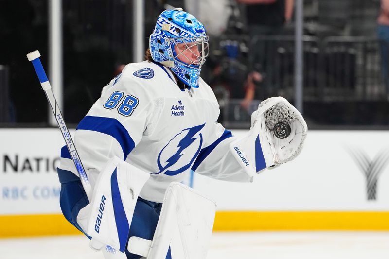 Mar 23, 2025; Las Vegas, Nevada, USA; Tampa Bay Lightning goaltender Andrei Vasilevskiy (88) warms up before a game against the Vegas Golden Knights at T-Mobile Arena. Mandatory Credit: Stephen R. Sylvanie-Imagn Images