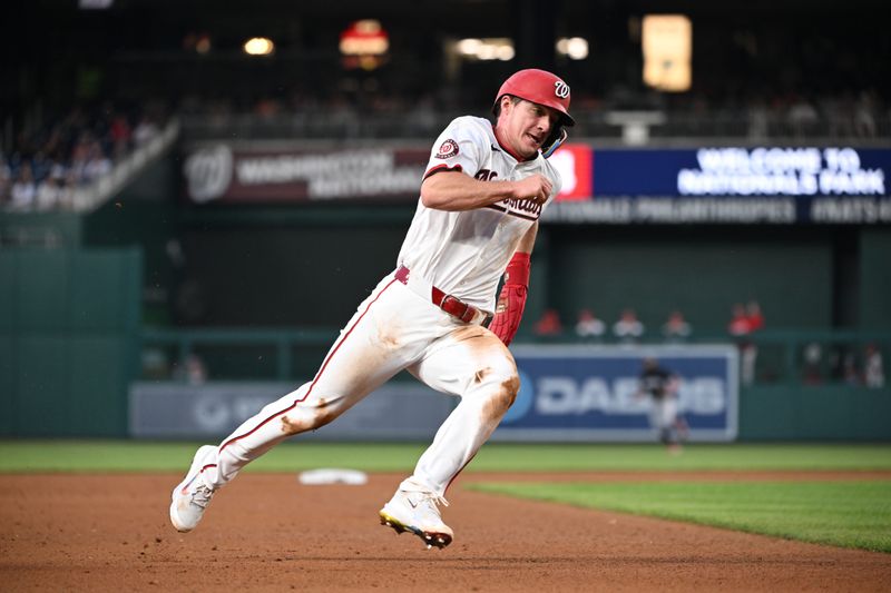 May 20, 2024; Washington, District of Columbia, USA; Washington Nationals outfielder Jacob Young (30) rounds third base against the Minnesota Twins during the fifth inning at Nationals Park. Mandatory Credit: Rafael Suanes-USA TODAY Sports