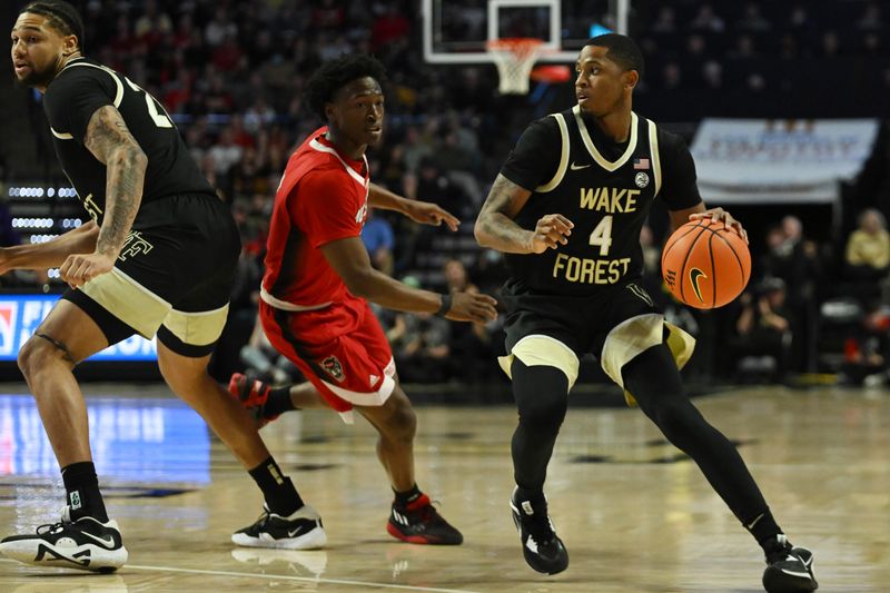 Jan 28, 2023; Winston-Salem, North Carolina, USA;   Wake Forest Demon Deacons guard Daivien Williamson (4) drives around North Carolina State Wolfpack guard Jarkel Joiner (1) during the first half at Lawrence Joel Veterans Memorial Coliseum. Mandatory Credit: William Howard-USA TODAY Sports