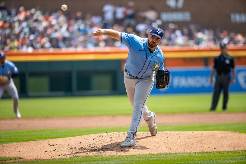 Aug 5, 2023; Detroit, Michigan, USA; Tampa Bay Rays Starting pitcher Aaron Civale (34) delivers in the first inning against the Detroit Tigers at Comerica Park. Mandatory Credit: David Reginek-USA TODAY Sports