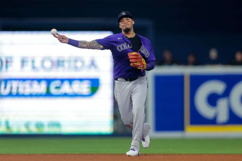 Jun 3, 2025; Miami, Florida, USA; Colorado Rockies shortstop Orlando Arcia (8) throws to first base to retire Miami Marlins first baseman Eric Wagaman (not pictured) during the fourth inning at loanDepot Park. Mandatory Credit: Sam Navarro-Imagn Images