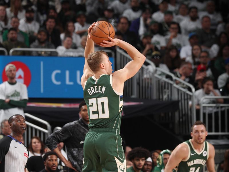 MILWAUKEE, WI - APRIL 23: AJ Green #20 of the Milwaukee Bucks shoots the ball during the game against the Indiana Pacers during Round One Game Two of the 2024 NBA Playoffs on April 23, 2024 at the Fiserv Forum Center in Milwaukee, Wisconsin. NOTE TO USER: User expressly acknowledges and agrees that, by downloading and or using this Photograph, user is consenting to the terms and conditions of the Getty Images License Agreement. Mandatory Copyright Notice: Copyright 2024 NBAE (Photo by Gary Dineen/NBAE via Getty Images).