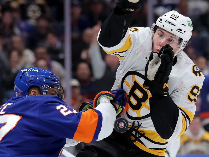 Nov 4, 2025; Elmont, New York, USA; New York Islanders left wing Anders Lee (27) cross checks Boston Bruins center Fraser Minten (93) during the second period at UBS Arena. A penalty was called on Lee for the hit. Mandatory Credit: Brad Penner-Imagn Images