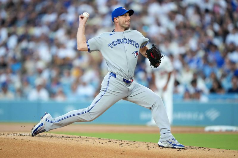 Aug 8, 2025; Los Angeles, California, USA; Toronto Blue Jays starting pitcher Max Scherzer (31) throws against the Los Angeles Dodgers at Dodger Stadium. Mandatory Credit: Kirby Lee-Imagn Images