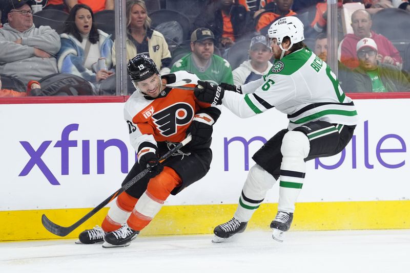 Mar 29, 2026; Philadelphia, Pennsylvania, USA; Dallas Stars defenseman Lian Bichsel (6) hits Philadelphia Flyers right wing Garnet Hathaway (19) in the second period at Xfinity Mobile Arena. Mandatory Credit: Kyle Ross-Imagn Images