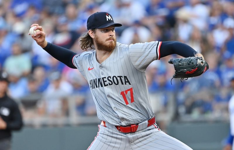 Sep 7, 2024; Kansas City, Missouri, USA; Minnesota Twins starting pitcher Bailey Ober (17) pitches in the first inning against the Kansas City Royals at Kauffman Stadium. Mandatory Credit: Peter Aiken-Imagn Images