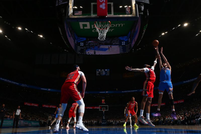 OKLAHOMA CITY, OK - APRIL 24: Chet Holmgren #7 of the Oklahoma City Thunder shoots the ball during the game against the New Orleans Pelicans during Round 1 Game 2 of the 2024 NBA Playoffs on April 24, 2024 at Paycom Arena in Oklahoma City, Oklahoma. NOTE TO USER: User expressly acknowledges and agrees that, by downloading and or using this photograph, User is consenting to the terms and conditions of the Getty Images License Agreement. Mandatory Copyright Notice: Copyright 2024 NBAE (Photo by Zach Beeker/NBAE via Getty Images)