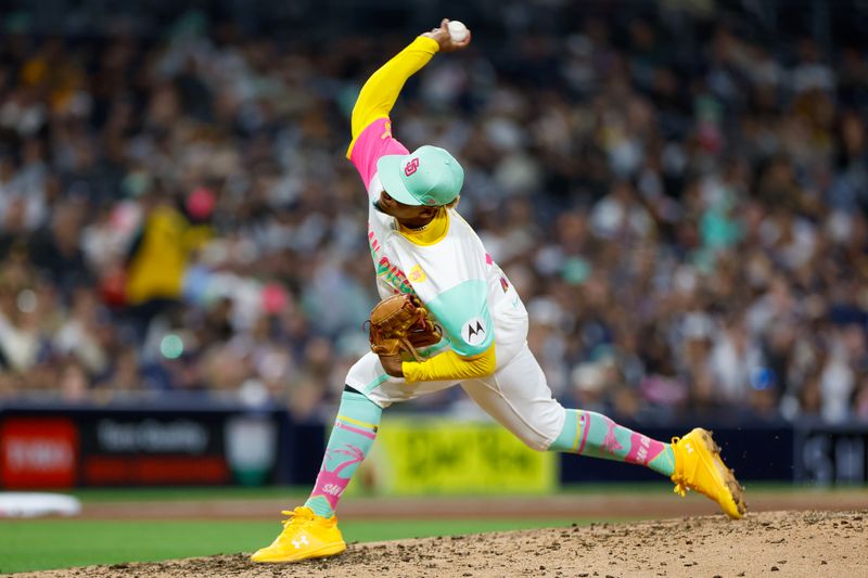 May 24, 2024; San Diego, California, USA;  San Diego Padres relief pitcher Jhony Brito (76) throws a pitch during the seventh inning against the New York Yankees at Petco Park. Mandatory Credit: David Frerker-USA TODAY Sports