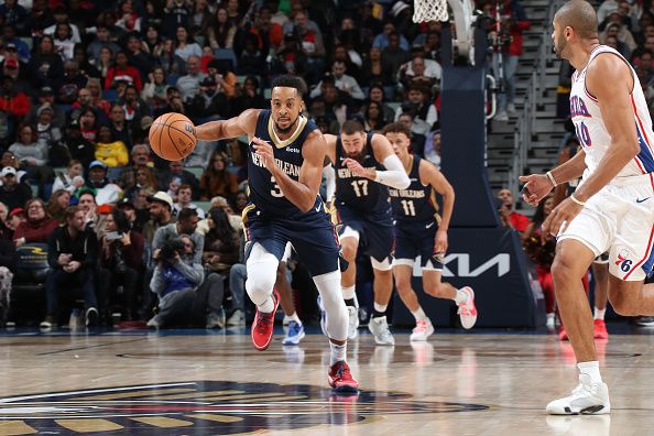 NEW ORLEANS, LA - NOVEMBER 29: CJ McCollum #3 of the New Orleans Pelicans dribbles the ball during the game against the Philadelphia 76ers on November 29, 2023 at the Smoothie King Center in New Orleans, Louisiana. NOTE TO USER: User expressly acknowledges and agrees that, by downloading and or using this Photograph, user is consenting to the terms and conditions of the Getty Images License Agreement. Mandatory Copyright Notice: Copyright 2023 NBAE (Photo by Layne Murdoch Jr./NBAE via Getty Images)