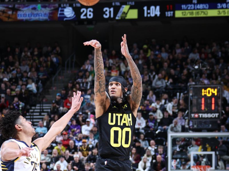 SALT LAKE CITY, UT - JANUARY 15: Jordan Clarkson #00 of the Utah Jazz shoots a three point basket during the game against the Indiana Pacers on January 15, 2024 at Delta Center in Salt Lake City, Utah. NOTE TO USER: User expressly acknowledges and agrees that, by downloading and or using this Photograph, User is consenting to the terms and conditions of the Getty Images License Agreement. Mandatory Copyright Notice: Copyright 2024 NBAE (Photo by Melissa Majchrzak/NBAE via Getty Images)