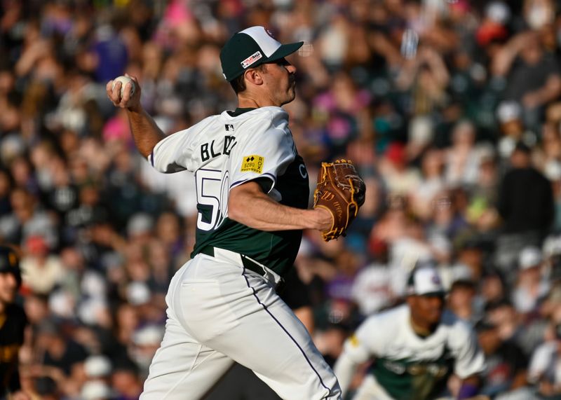 Jun 15, 2024; Denver, Colorado, USA; Colorado Rockies pitcher Ty Blach (50) delivers a pitch in the third inning against the Pittsburgh Pirates at Coors Field. Mandatory Credit: John Leyba-USA TODAY Sports