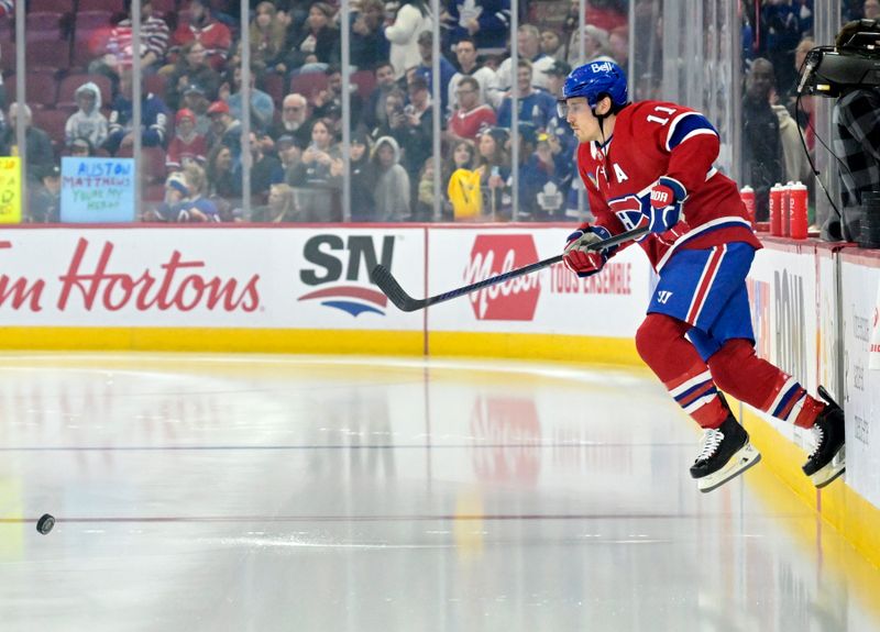 Apr 6, 2024; Montreal, Quebec, CAN; Montreal Canadiens forward Brendan Gallagher (11) steps on the ice during the warmup period before the game against the Toronto Maple Leafs at the Bell Centre. Mandatory Credit: Eric Bolte-USA TODAY Sports