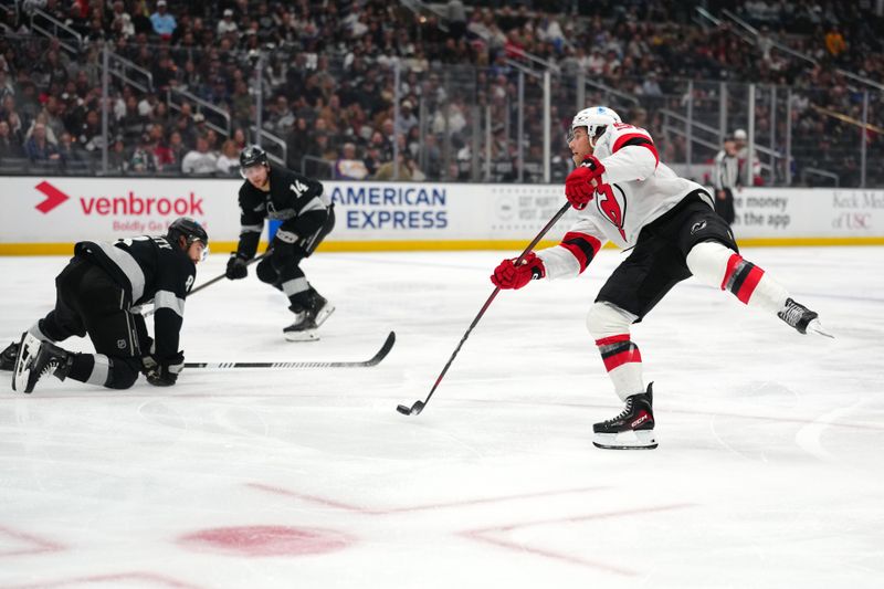 Nov 1, 2025; Los Angeles, California, USA; New Jersey Devils right wing Stefan Noesen (11) scores a goal in the third period against the Los Angeles Kings at Crypto.com Arena. Mandatory Credit: Kirby Lee-Imagn Images
