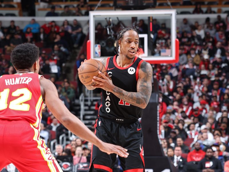 CHICAGO, IL - APRIL 1: DeMar DeRozan #11 of the Chicago Bulls looks to pass the ball during the game against the Atlanta Hawks on April 1, 2024 at United Center in Chicago, Illinois. NOTE TO USER: User expressly acknowledges and agrees that, by downloading and or using this photograph, User is consenting to the terms and conditions of the Getty Images License Agreement. Mandatory Copyright Notice: Copyright 2024 NBAE (Photo by Jeff Haynes/NBAE via Getty Images)