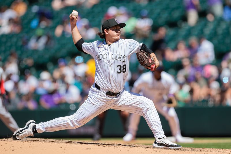 Jun 5, 2024; Denver, Colorado, USA; Colorado Rockies relief pitcher Victor Vodnik (38) delivers a pitch during the fifth inning against the Cincinnati Reds at Coors Field. Mandatory Credit: Andrew Wevers-USA TODAY Sports