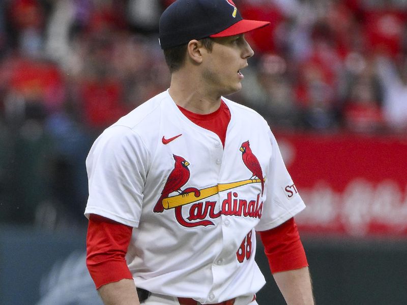 May 25, 2025; St. Louis, Missouri, USA;  St. Louis Cardinals relief pitcher Phil Maton (88) reacts after striking out Arizona Diamondbacks left fielder Lourdes Gurriel Jr. (not pictured) to end the game at Busch Stadium. Mandatory Credit: Jeff Curry-Imagn Images