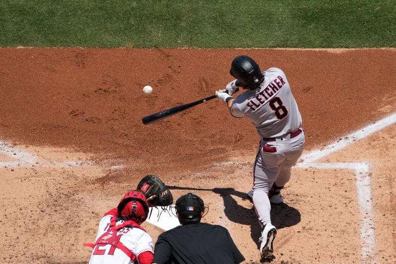 Jul 2, 2023; Anaheim, California, USA; Arizona Diamondbacks left fielder Dominic Fletcher (8) bats against the Los Angeles Angels at Angel Stadium. Mandatory Credit: Kirby Lee-USA TODAY Sports