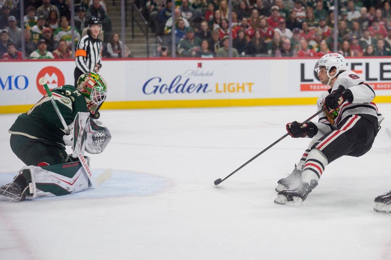Mar 19, 2026; Saint Paul, Minnesota, USA; Minnesota Wild goaltender Jesper Wallstedt (30) saves a shot by Chicago Blackhawks center Frank Nazar (91) in the first period at Grand Casino Arena. Mandatory Credit: Matt Blewett-Imagn Images Mar 19, 2026; Saint Paul, Minnesota, USA; Minnesota Wild goaltender Jesper Wallstedt (30) saves a shot by Chicago Blackhawks center Frank Nazar (91) in the first period at Grand Casino Arena. Mandatory Credit: Matt Blewett-Imagn Images