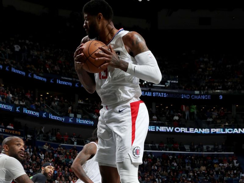 NEW ORLEANS, LA - MARCH 15: Paul George #13 of the LA Clippers grabs the rebound during the game against the New Orleans Pelicans on March 15, 2024 at the Smoothie King Center in New Orleans, Louisiana. NOTE TO USER: User expressly acknowledges and agrees that, by downloading and or using this Photograph, user is consenting to the terms and conditions of the Getty Images License Agreement. Mandatory Copyright Notice: Copyright 2024 NBAE (Photo by Layne Murdoch Jr./NBAE via Getty Images)