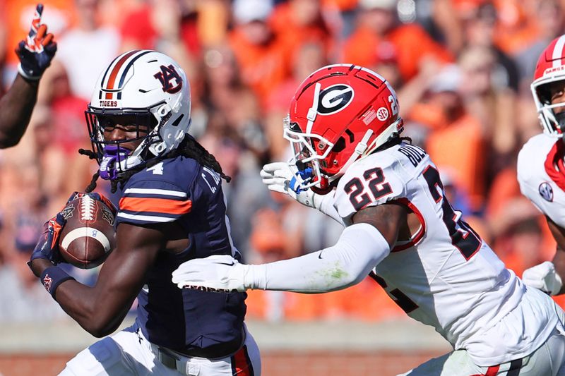 Sep 30, 2023; Auburn, Alabama, USA; Georgia Bulldogs defensive back Javon Bullard (22) closes in on Auburn Tigers wide receiver Camden Brown (4) during the second quarter at Jordan-Hare Stadium. Mandatory Credit: John Reed-USA TODAY Sports