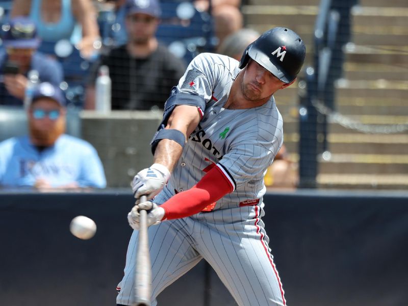 May 28, 2025; Tampa, FL, USA;  Minnesota Twins third base Brooks Lee (2) singles against the Tampa Bay Rays during the seventh inning at George M. Steinbrenner Field. Mandatory Credit: Kim Klement Neitzel-Imagn Images