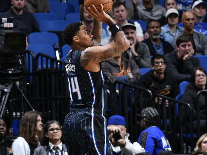 ORLANDO, FL - FEBRUARY 25:  Gary Harris #14 of the Orlando Magic shoots the ball during the game against the Cleveland Cavaliers on February 25, 2025 at Kia Center in Orlando, Florida. NOTE TO USER: User expressly acknowledges and agrees that, by downloading and or using this photograph, User is consenting to the terms and conditions of the Getty Images License Agreement. Mandatory Copyright Notice: Copyright 2025 NBAE (Photo by Fernando Medina/NBAE via Getty Images)