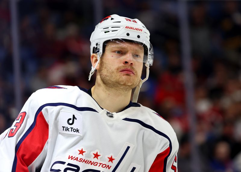 Mar 12, 2026; Buffalo, New York, USA;  Washington Capitals right wing Ethen Frank (53) at the start of the second period against the Buffalo Sabres at KeyBank Center. Mandatory Credit: Timothy T. Ludwig-Imagn Images
