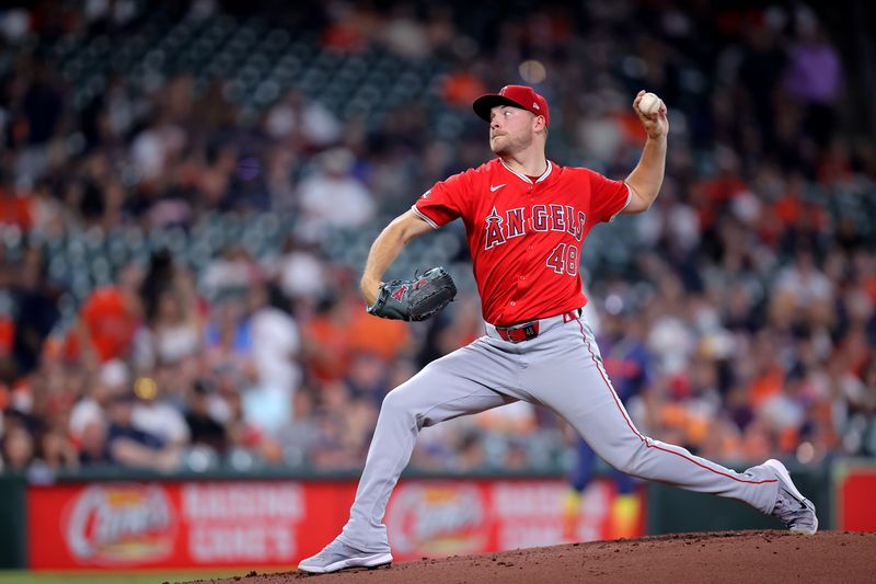 May 20, 2024; Houston, Texas, USA; Los Angeles Angels starting pitcher Reid Detmers (48) delivers a pitch against the Houston Astros during the first inning at Minute Maid Park. Mandatory Credit: Erik Williams-USA TODAY Sports