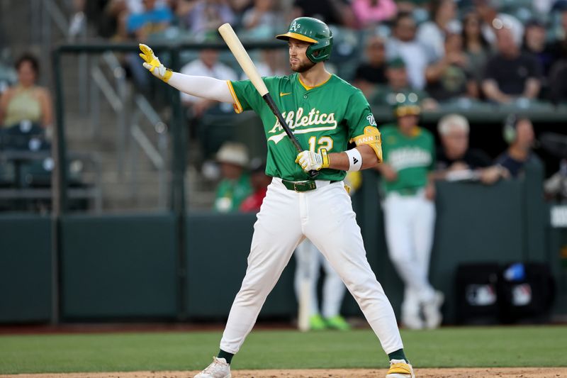 Jun 3, 2025; West Sacramento, California, USA; Athletics shortstop Max Schuemann (12) calls for a timeout against the Minnesota Twins during the fourth inning at Sutter Health Park. Mandatory Credit: Dennis Lee-Imagn Images