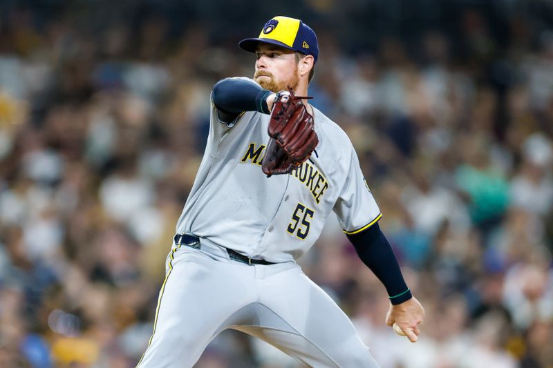 Sep 23, 2025; San Diego, California, USA; Milwaukee Brewers starting pitcher Bruce Zimmermann (55) throws a pitch during the sixth inning against the San Diego Padres at Petco Park. Mandatory Credit: David Frerker-Imagn Images