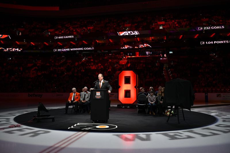 Jan 27, 2024; Philadelphia, Pennsylvania, USA; Philadelphia Flyers former player Mark Recchi speaks during his induction ceremony into the Flyers Hall of Fame before a game against the Boston Bruins at Wells Fargo Center. Mandatory Credit: Kyle Ross-USA TODAY Sports