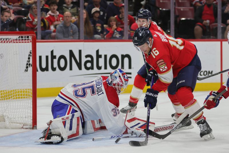 Feb 29, 2024; Sunrise, Florida, USA; Florida Panthers center Aleksander Barkov (16) shoots the puck against Montreal Canadiens goaltender Sam Montembeault (35) during the second period at Amerant Bank Arena. Mandatory Credit: Sam Navarro-USA TODAY Sports