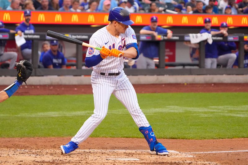 Jul 16, 2023; New York City, New York, USA; New York Mets left fielder Mark Canha (19) gets hit by a pitch during the fifth inning at Citi Field. Mandatory Credit: Gregory Fisher-USA TODAY Sports