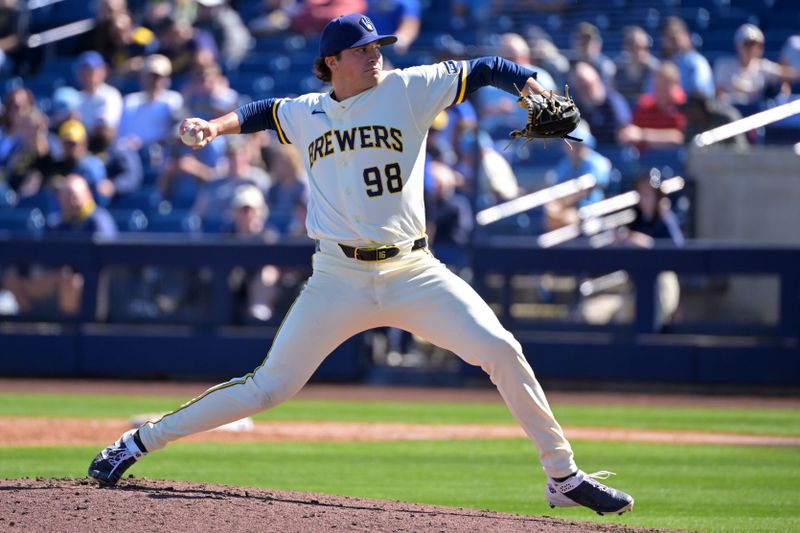 Feb 21, 2026; Phoenix, Arizona, USA;  Milwaukee Brewers pitcher Will Childers (98) delivers to the plate in the third inning against the against the Cleveland Guardians at American Family Fields of Phoenix. Mandatory Credit: Jayne Kamin-Oncea-Imagn Images