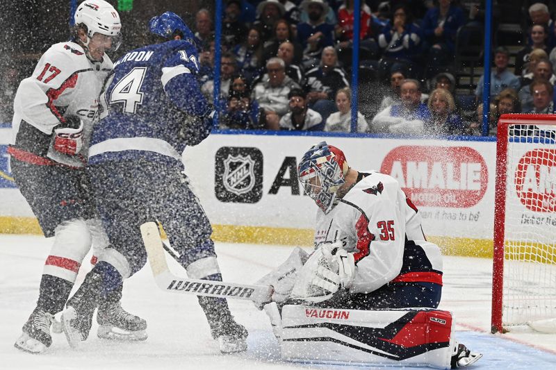 Mar 30, 2023; Tampa, Florida, USA; Tampa Bay Lightning left wing Pat Maroon (14) gets a shot past Washington Capitals goalie Darcy Kuemper (35) in the third period at Amalie Arena. Mandatory Credit: Jonathan Dyer-USA TODAY Sports