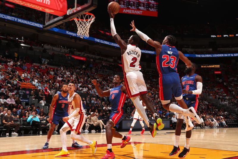 MIAMI, FL - OCTOBER 28: Terry Rozier #2 of the Miami Heat drives to the basket during the game against the Detroit Pistons on October 28, 2024 at Kaseya Center in Miami, Florida. NOTE TO USER: User expressly acknowledges and agrees that, by downloading and or using this Photograph, user is consenting to the terms and conditions of the Getty Images License Agreement. Mandatory Copyright Notice: Copyright 2024 NBAE (Photo by Issac Baldizon/NBAE via Getty Images)