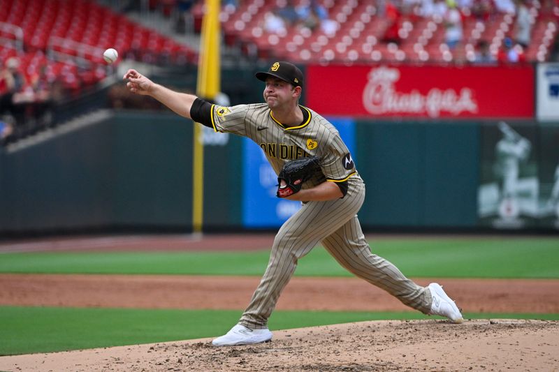 Aug 29, 2024; St. Louis, Missouri, USA;  San Diego Padres starting pitcher Michael King (34) pitches against the St. Louis Cardinals during the third inning at Busch Stadium. Mandatory Credit: Jeff Curry-USA TODAY Sports