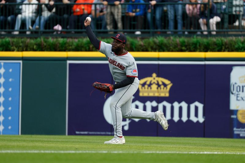 May 24, 2025; Detroit, Michigan, USA; Cleveland Guardians outfielder Jhonkensy Noel (43) throws to the infield during the first inning of the game against the Detroit Tigers at Comerica Park. Mandatory Credit: Brian Bradshaw Sevald-Imagn Images