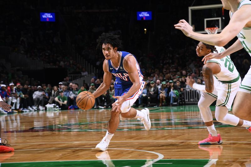 BOSTON, MA - OCTOBER 12: Jared McCain #20 of the Philadelphia 76ers handles the ball during the game against the Boston Celtics during a NBA Preseason game on October 12, 2024 at TD Garden in Boston, Massachusetts. NOTE TO USER: User expressly acknowledges and agrees that, by downloading and/or using this Photograph, user is consenting to the terms and conditions of the Getty Images License Agreement. Mandatory Copyright Notice: Copyright 2024 NBAE (Photo by Brian Babineau/NBAE via Getty Images)