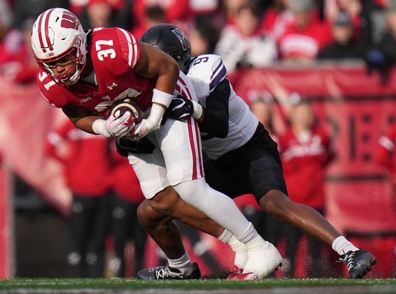 Nov 11, 2023; Madison, Wisconsin, USA; Wisconsin Badgers tight end Riley Nowakowski (37) makes a reception for five yards before being tackled by Northwestern Wildcats cornerback Devnin Turner (9) during the first quarter at Camp Randall Stadium. Mandatory Credit: Mark Hoffman-USA TODAY Sports