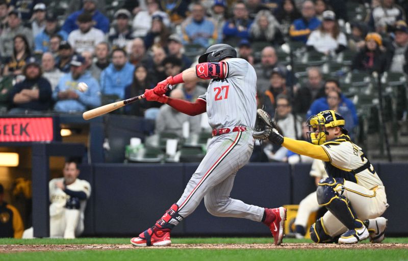 Apr 3, 2024; Milwaukee, Wisconsin, USA; Minnesota Twins catcher Ryan Jeffers (27) hits a home run against the Milwaukee Brewers in the seventh inning at American Family Field. Mandatory Credit: Michael McLoone-USA TODAY Sports