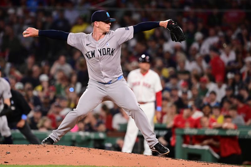 Jun 16, 2024; Boston, Massachusetts, USA;  New York Yankees pitcher Ian Hamilton (71) pitches against the Boston Red Sox during the eighth inning at Fenway Park. Mandatory Credit: Eric Canha-USA TODAY Sports