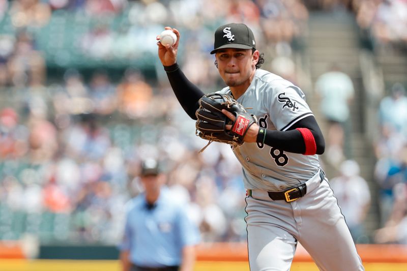 Jun 22, 2024; Detroit, Michigan, USA;  Chicago White Sox second baseman Nicky Lopez (8) makes a throw in the third inning against the Detroit Tigers at Comerica Park. Mandatory Credit: Rick Osentoski-USA TODAY Sports