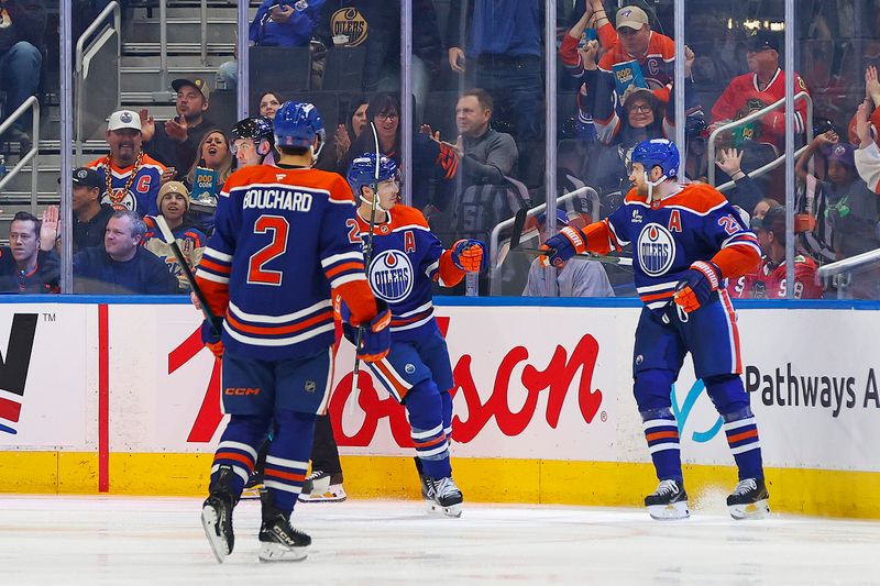 Nov 1, 2025; Edmonton, Alberta, CAN; The Edmonton Oilers celebrate a goal scored by forward Leon Draisaitl (29) during the second period against the Chicago Blackhawks at Rogers Place. Mandatory Credit: Perry Nelson-Imagn Images