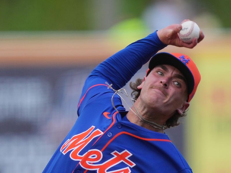 Mar 23, 2024; Port St. Lucie, Florida, USA;  New York Mets pitcher Trey McLoughlin (32) pitches in the eighth inning against the Houston Astros at Clover Park. Mandatory Credit: Jim Rassol-USA TODAY Sports